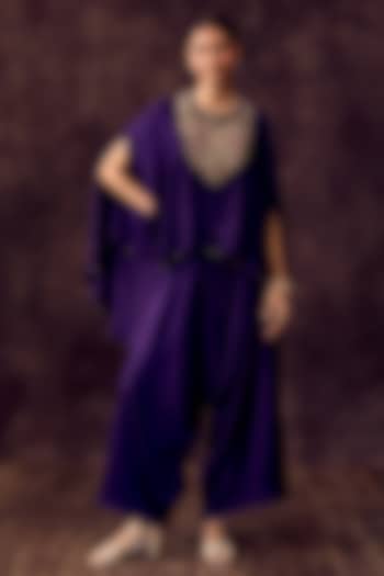 Dark Purple Chanderi Dori Embroidered Umbrella Kaftan Set by Prisho at Pernia's Pop Up Shop