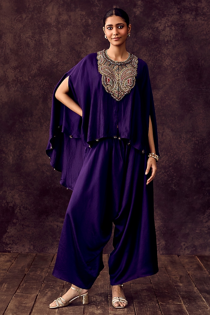 Dark Purple Chanderi Dori Embroidered Umbrella Kaftan Set by Prisho at Pernia's Pop Up Shop