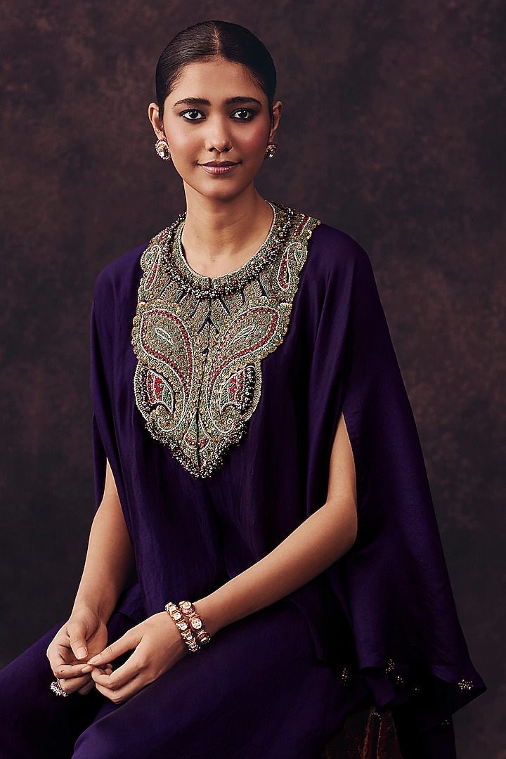 Dark Purple Chanderi Dori Embroidered Umbrella Kaftan Set by Prisho at Pernia's Pop Up Shop