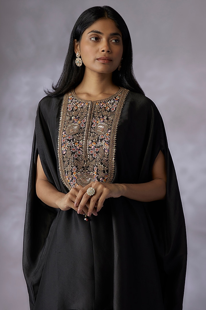 Black Silk Embroidered Kaftan Set by Prisho at Pernia's Pop Up Shop