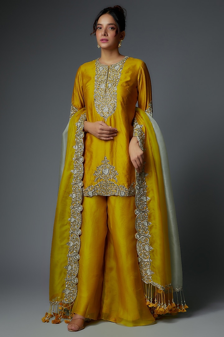Mustard Organza Wedding Sharara Set by Prisho at Pernia's Pop Up Shop