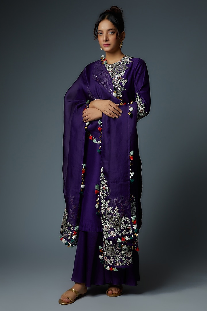 Purple Silk Embroidered Kurta Set by Prisho at Pernia's Pop Up Shop