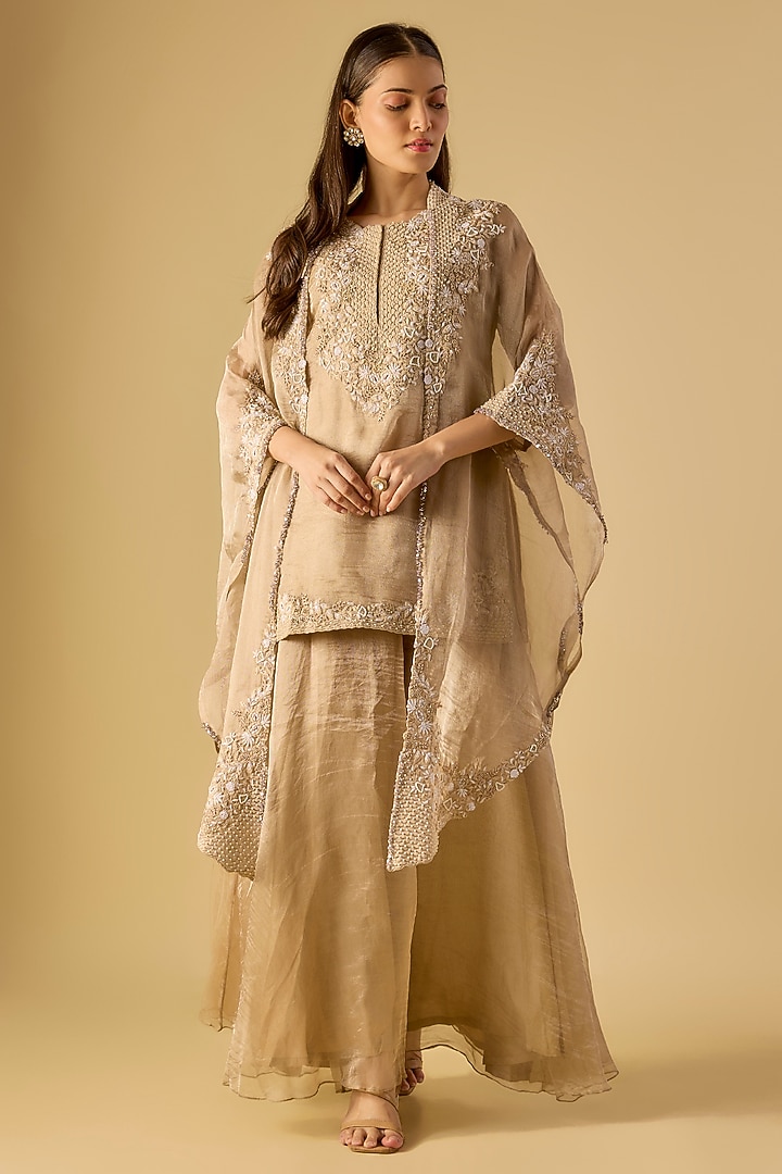 Beige Silk Resham Work Jacket Kurta Set by Prisho at Pernia's Pop Up Shop