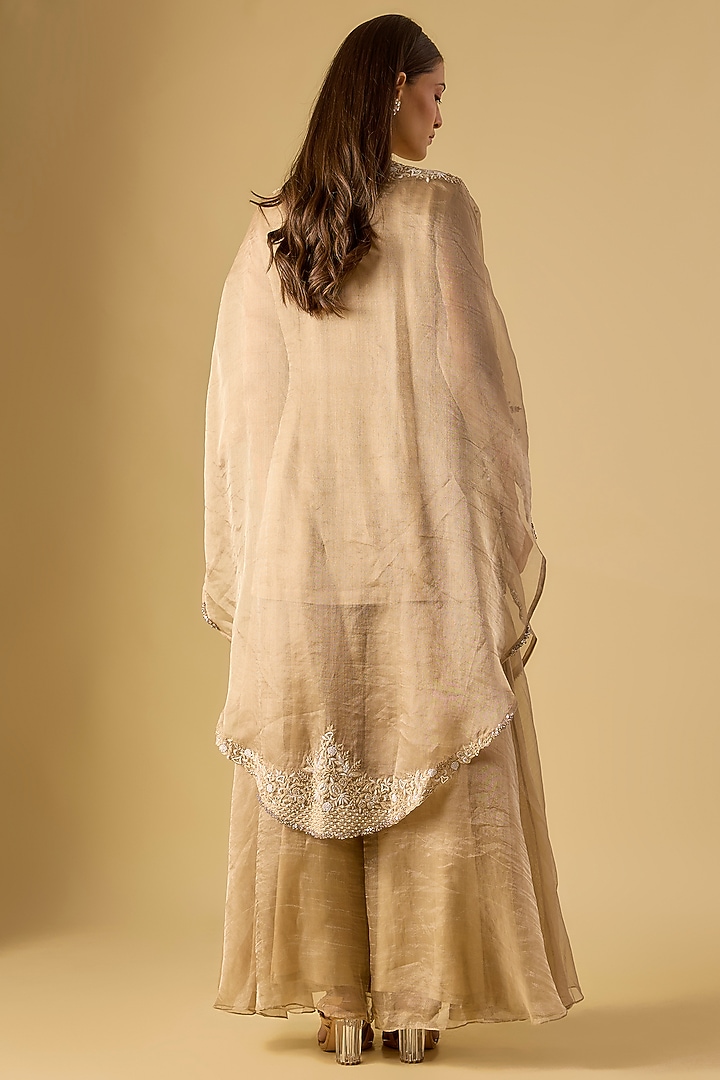 Beige Silk Resham Work Jacket Kurta Set by Prisho at Pernia's Pop Up Shop