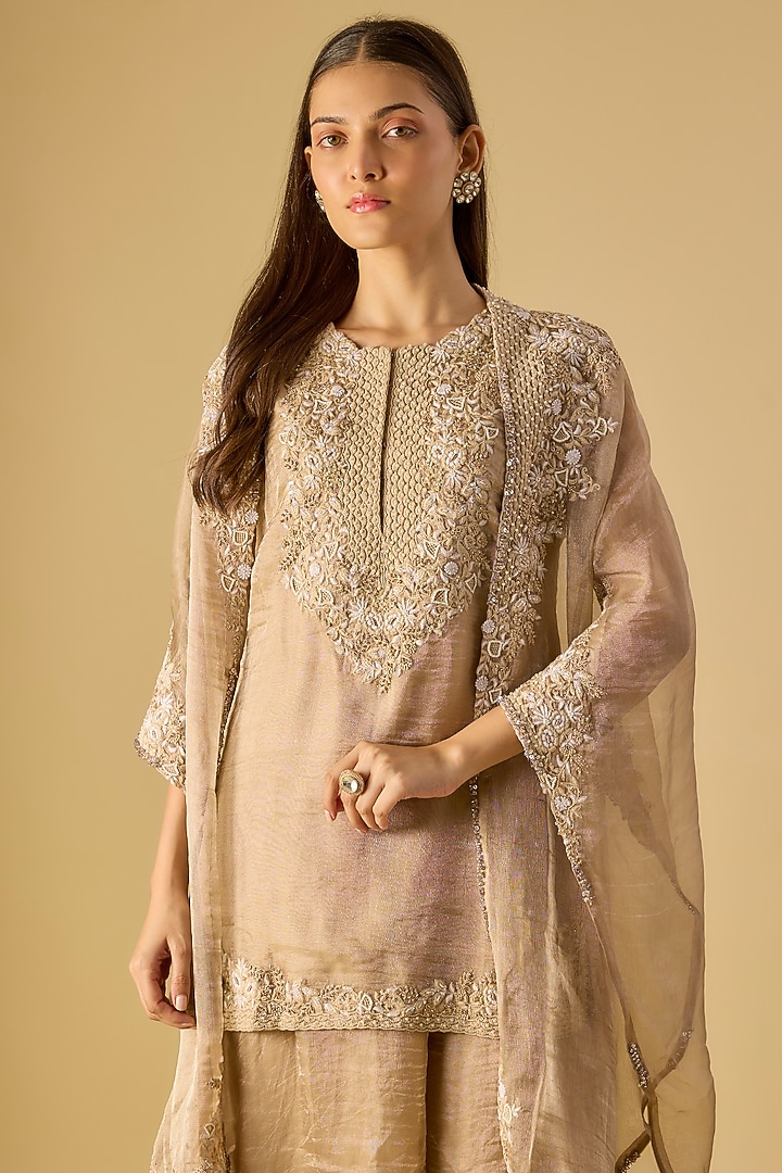 Beige Silk Resham Work Jacket Kurta Set by Prisho at Pernia's Pop Up Shop