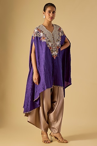Dark Purple Crushed Silk Thread Work Kaftan Set by Prisho
