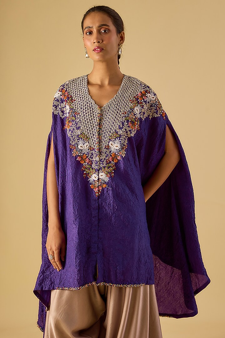 Dark Purple Crushed Silk Thread Work Kaftan Set by Prisho at Pernia's Pop Up Shop