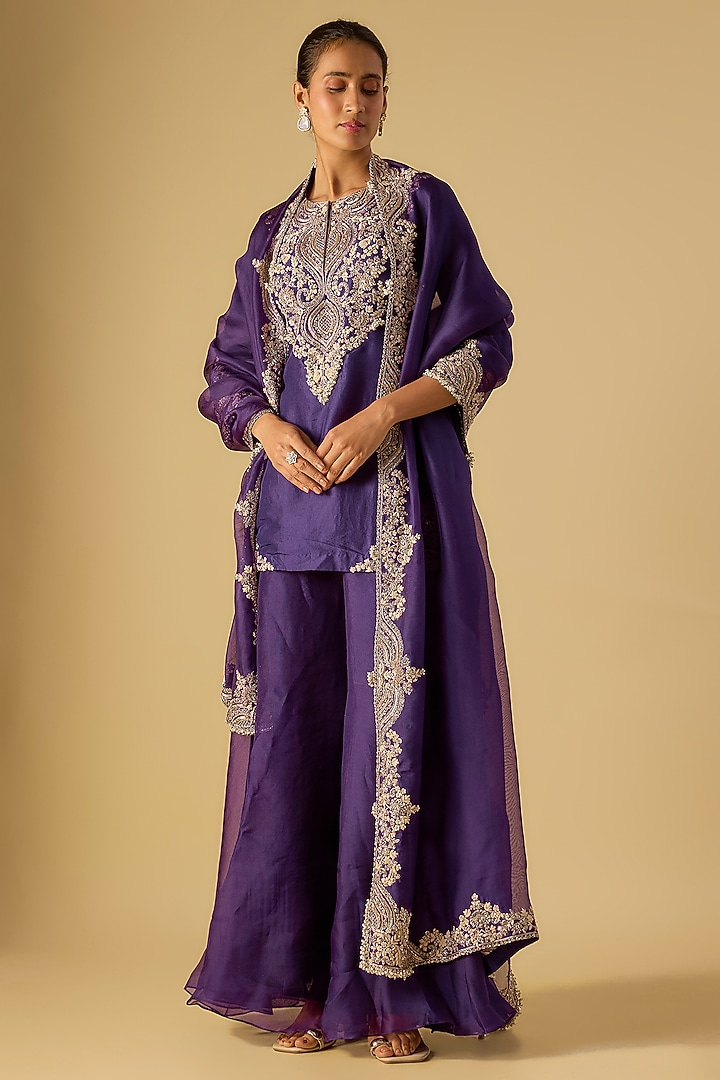 Dark Purple Silk Maal Work Kurta Set by Prisho at Pernia's Pop Up Shop