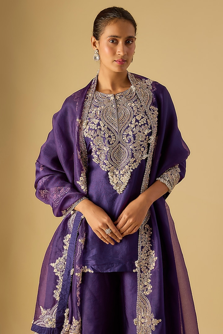Dark Purple Silk Maal Work Kurta Set by Prisho at Pernia's Pop Up Shop