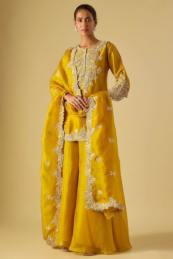 Mustard Organza Wedding Sharara Set by Prisho at Pernia's Pop Up Shop