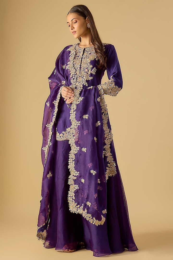 Dark Purple Organza Wedding Sharara Set by Prisho at Pernia's Pop Up Shop