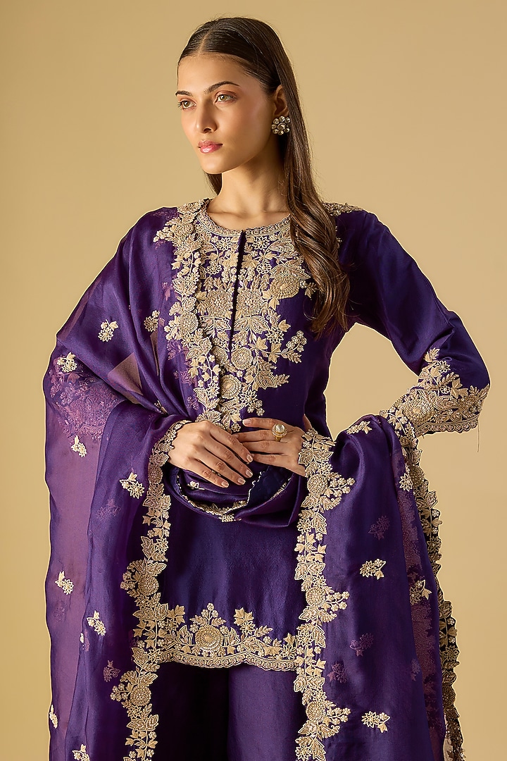 Dark Purple Organza Wedding Sharara Set by Prisho at Pernia's Pop Up Shop