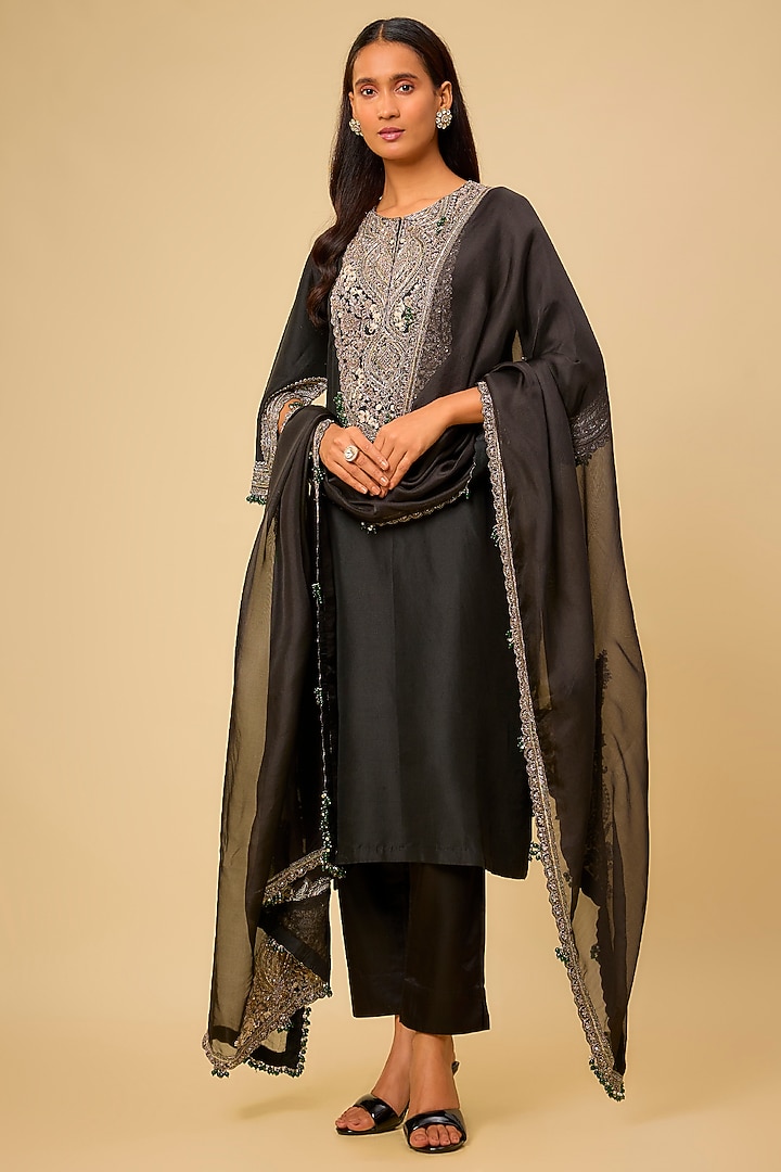 Black Silk Maal Work Kurta Set by Prisho at Pernia's Pop Up Shop