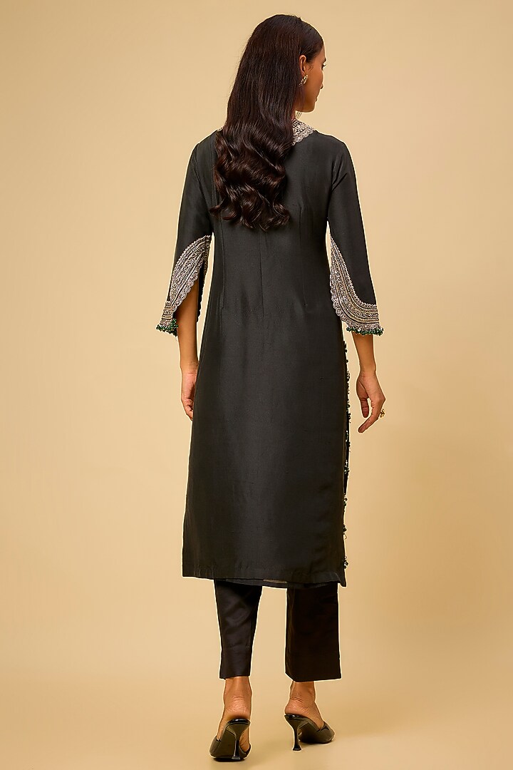 Black Silk Maal Work Kurta Set by Prisho at Pernia's Pop Up Shop