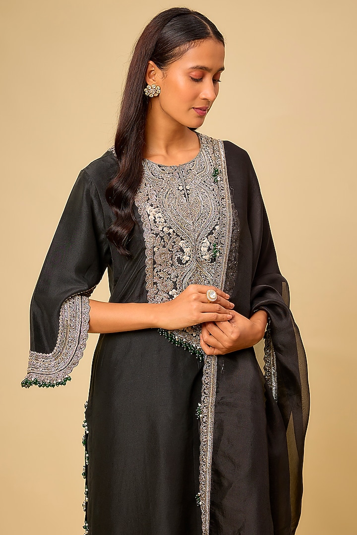 Black Silk Maal Work Kurta Set by Prisho at Pernia's Pop Up Shop