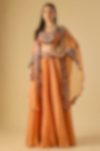 Rust Organza Maal Work Cape Set by Prisho at Pernia's Pop Up Shop