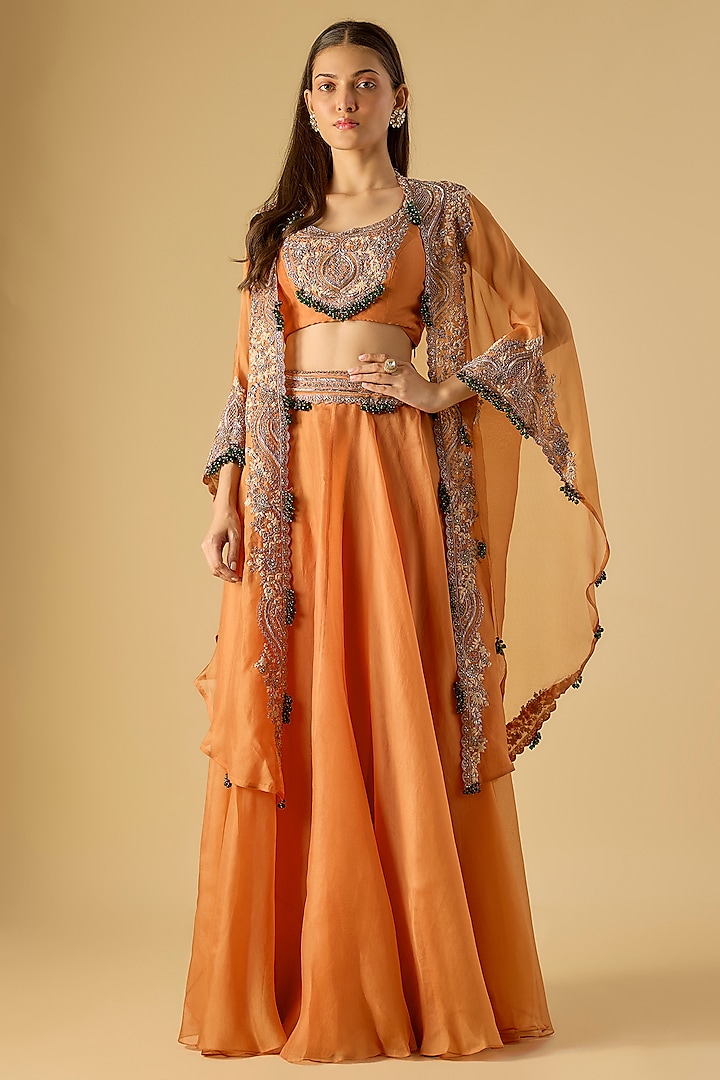 Rust Organza Maal Work Cape Set by Prisho at Pernia's Pop Up Shop