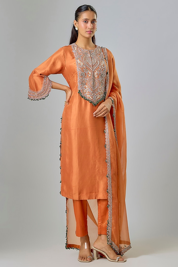 Rust Silk Maal Work Kurta Set by Prisho at Pernia's Pop Up Shop