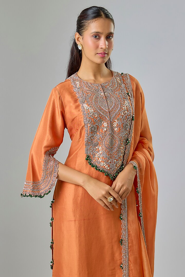 Rust Silk Maal Work Kurta Set by Prisho at Pernia's Pop Up Shop