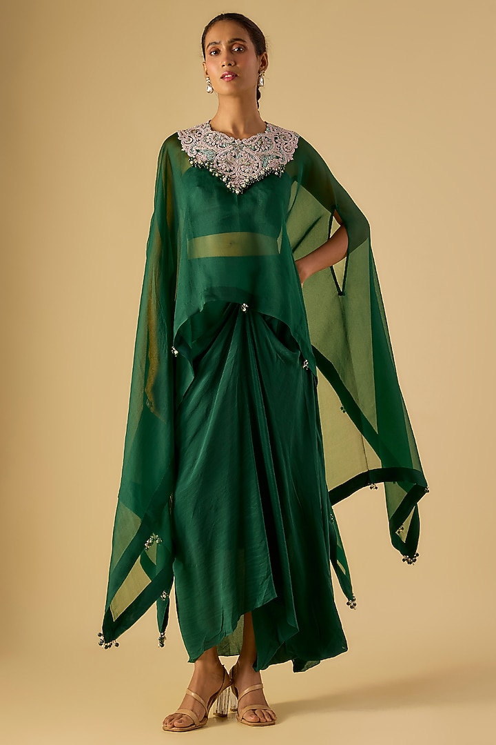 Green Organza Maal & Dori Work Kaftan Set by Prisho at Pernia's Pop Up Shop