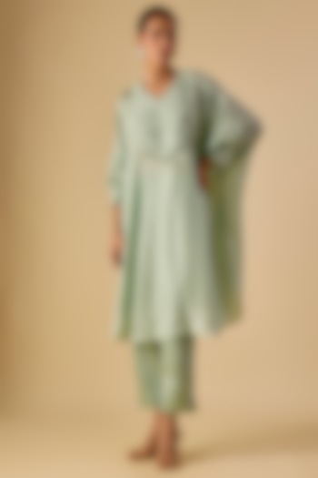 Aqua Habutai Silk Resham Work Kaftan Set by Prisho at Pernia's Pop Up Shop