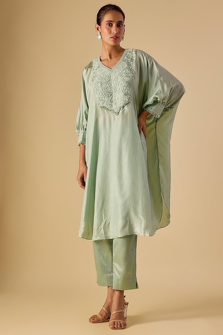 Aqua Habutai Silk Resham Work Kaftan Set by Prisho at Pernia's Pop Up Shop