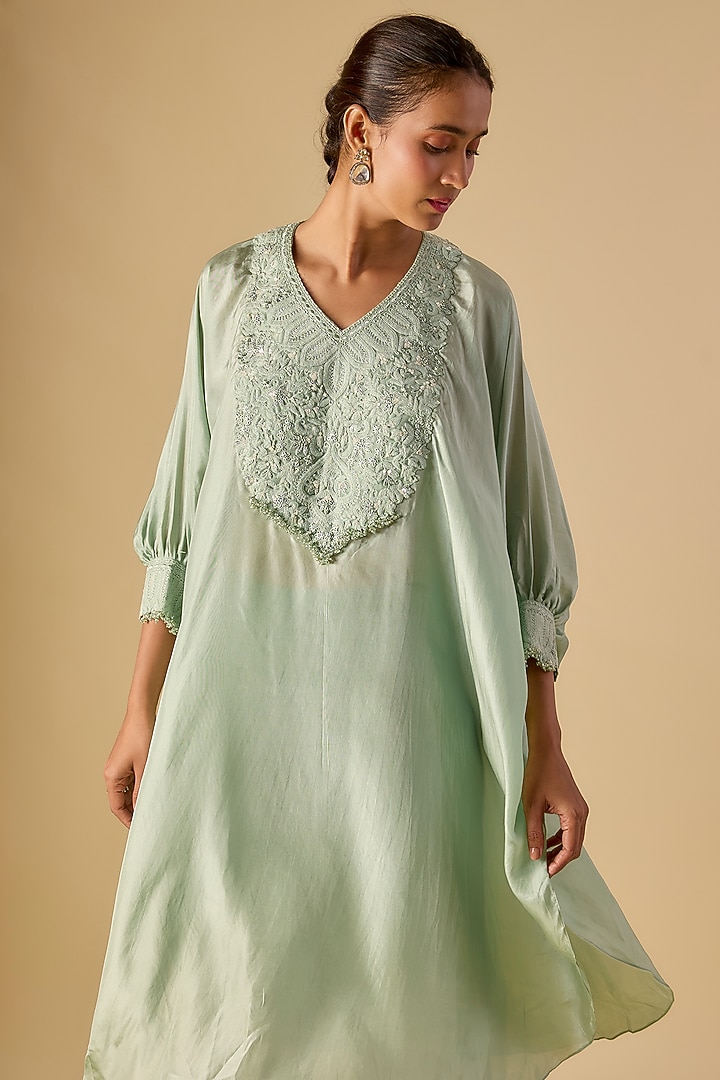 Aqua Habutai Silk Resham Work Kaftan Set by Prisho at Pernia's Pop Up Shop