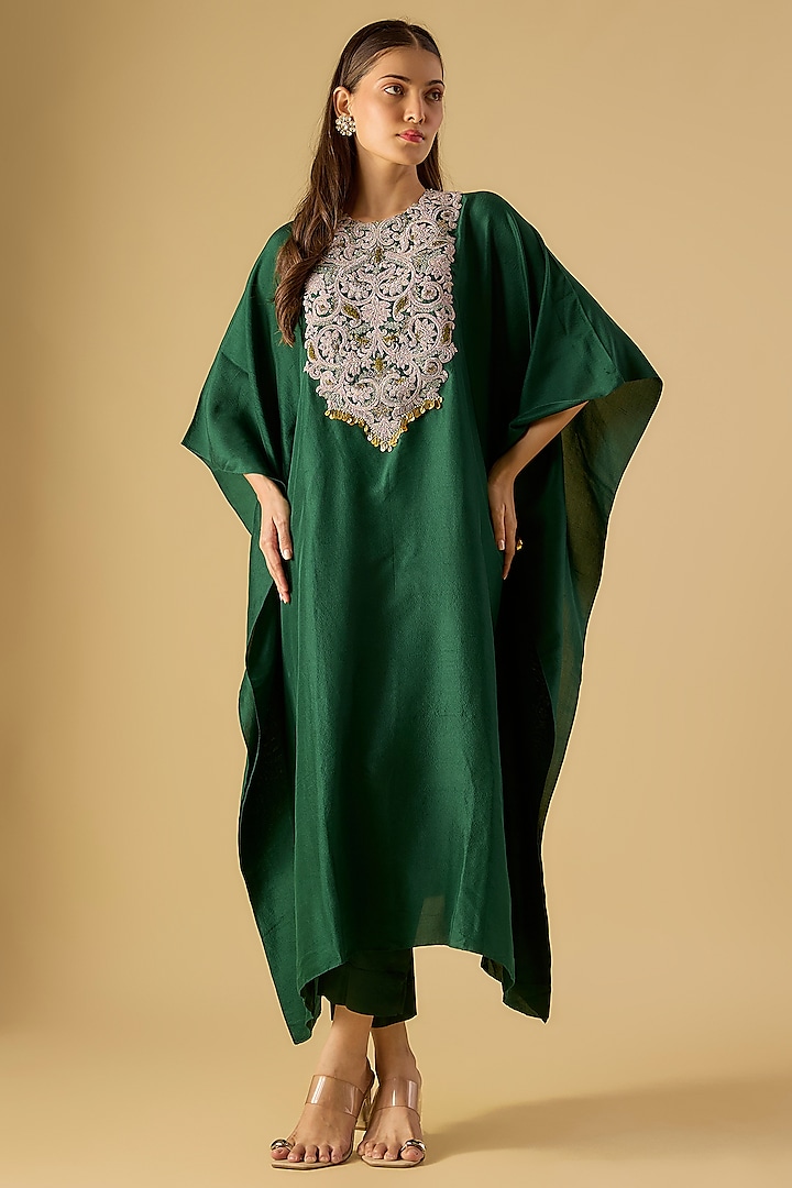 Bottle Green Silk Maal & Dori Work Kaftan Set by Prisho at Pernia's Pop Up Shop