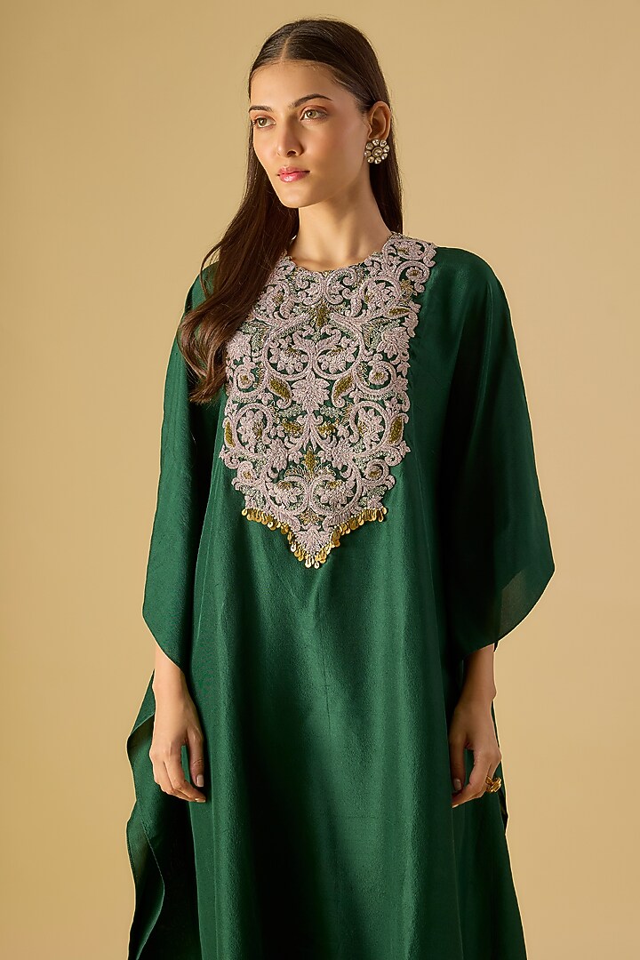 Bottle Green Silk Maal & Dori Work Kaftan Set by Prisho at Pernia's Pop Up Shop