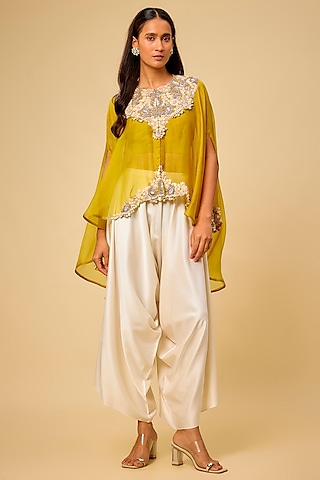 Yellow Organza Resham Work Kaftan Set by Prisho
