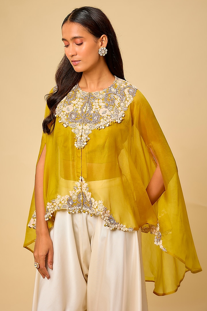 Yellow Organza Resham Work Kaftan Set by Prisho at Pernia's Pop Up Shop