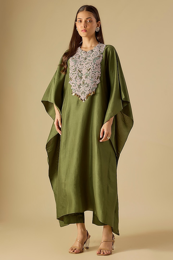 Hunter Green Silk Maal & Dori Work Kaftan Set by Prisho at Pernia's Pop Up Shop