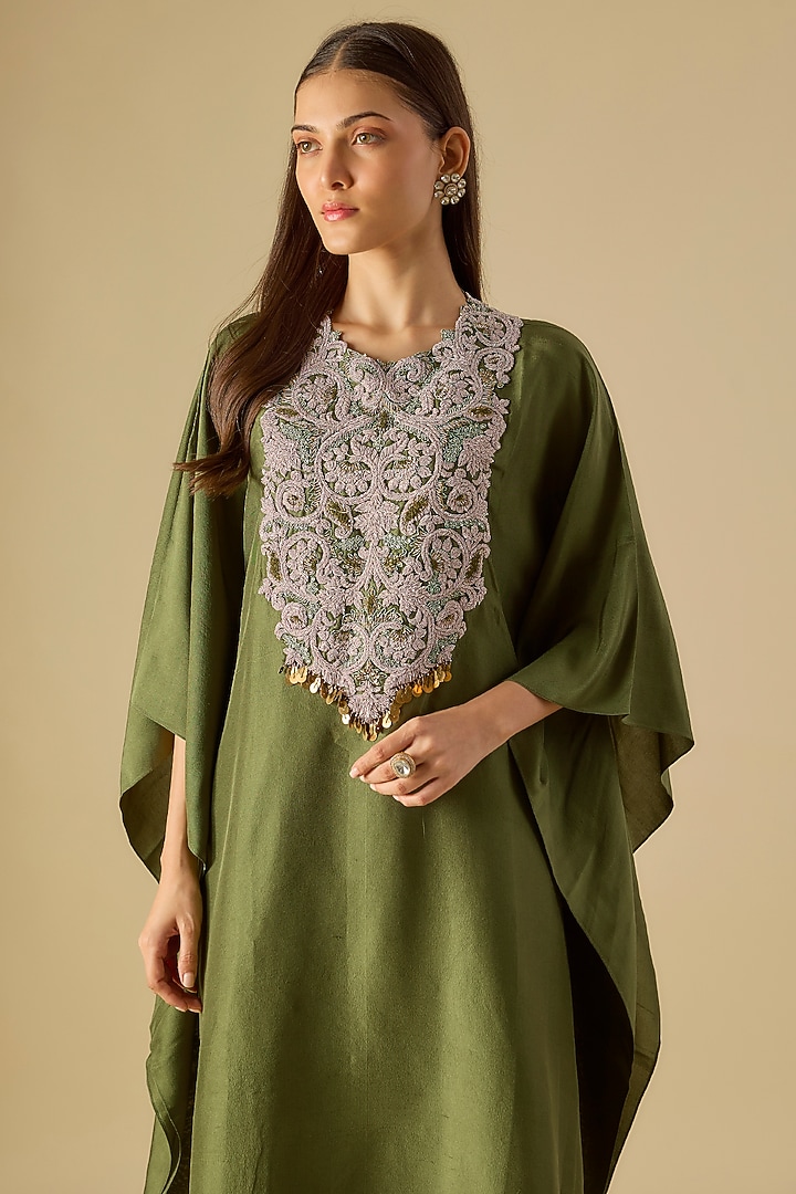 Hunter Green Silk Maal & Dori Work Kaftan Set by Prisho at Pernia's Pop Up Shop