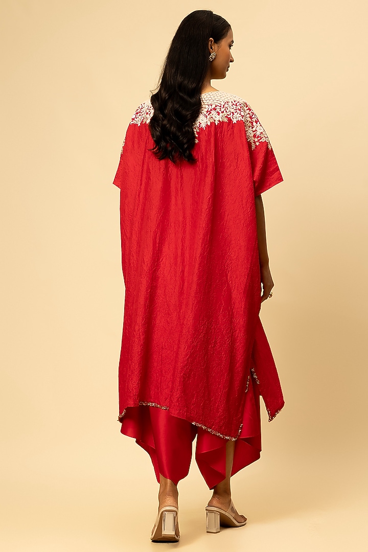 Red Crushed Silk Resham Work Kaftan Set by Prisho at Pernia's Pop Up Shop