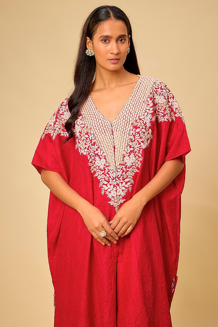 Red Crushed Silk Resham Work Kaftan Set by Prisho at Pernia's Pop Up Shop