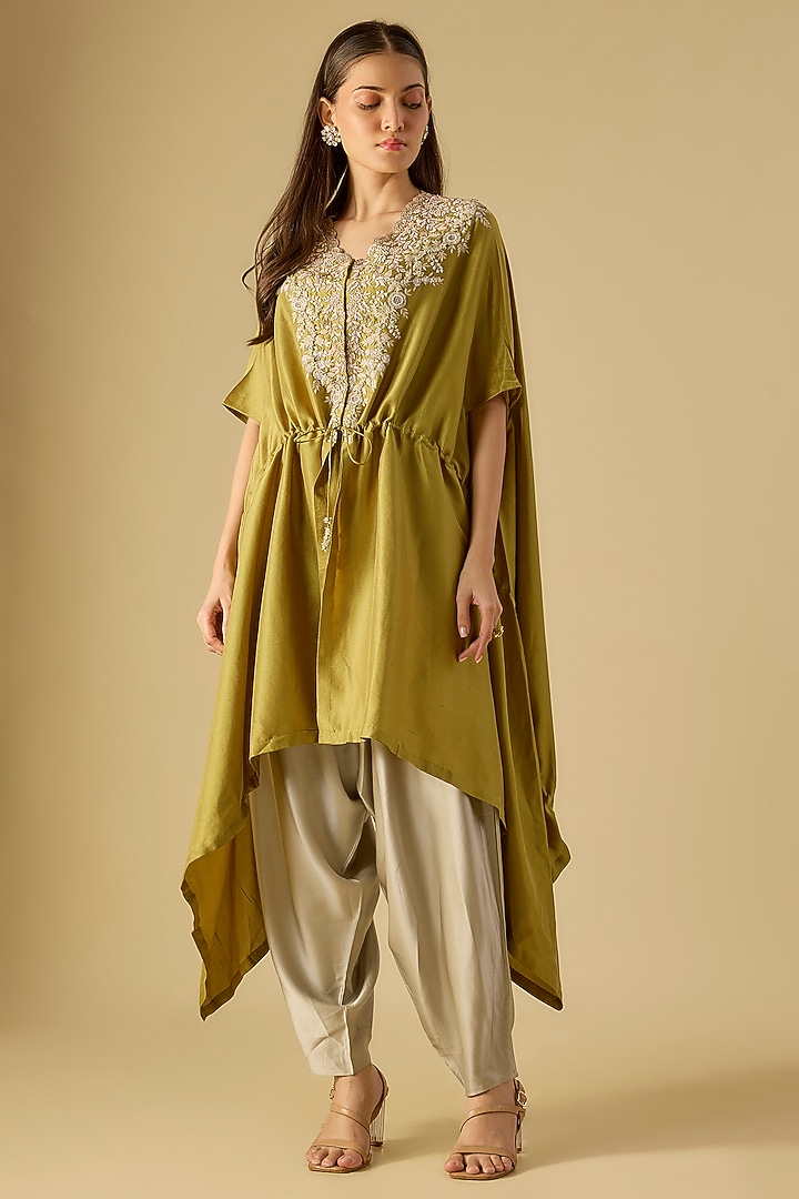 Olive Silk Resham Work Kaftan Set by Prisho at Pernia's Pop Up Shop