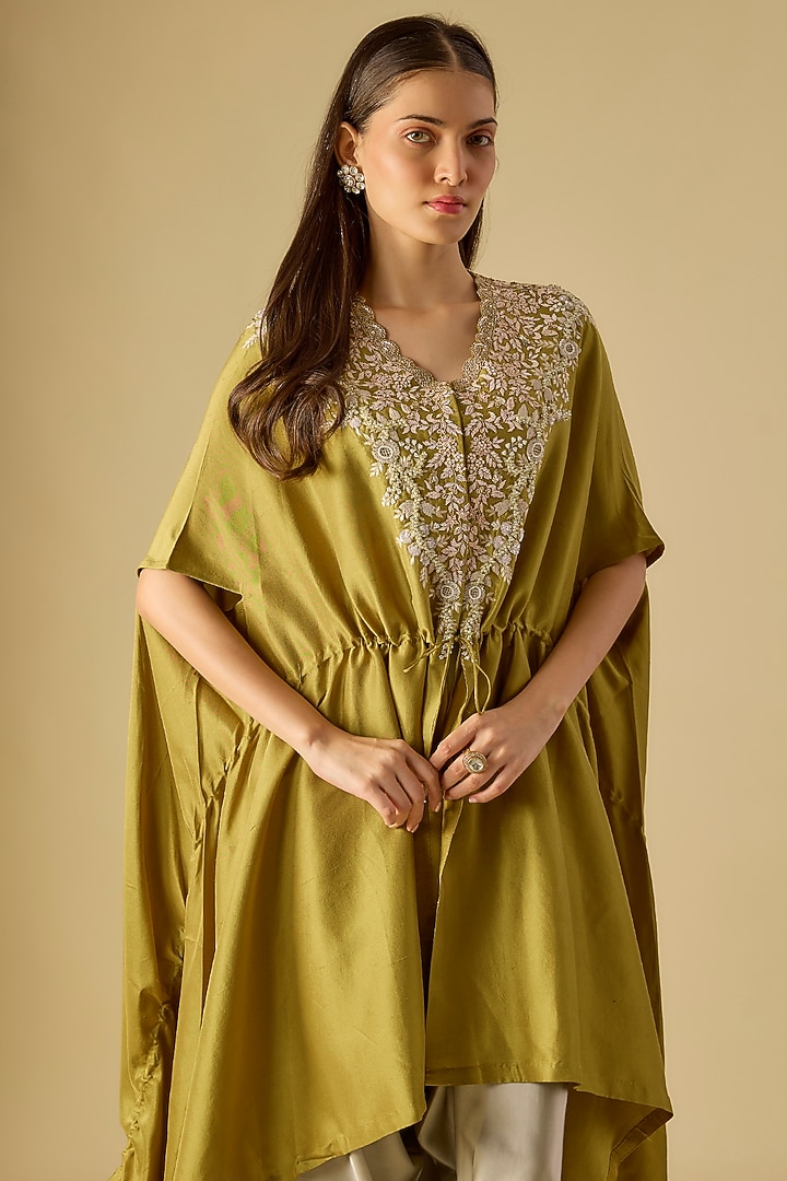 Olive Silk Resham Work Kaftan Set by Prisho at Pernia's Pop Up Shop
