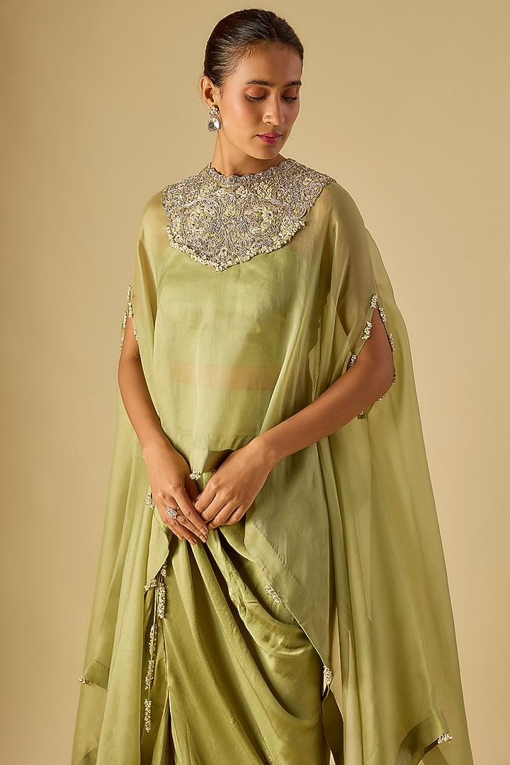 Sea Green Organza Maal Work Kaftan Set by Prisho at Pernia's Pop Up Shop