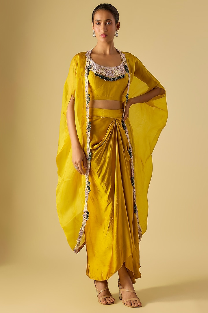 Mustard Organza Maal & Dori Work Cape Set by Prisho at Pernia's Pop Up Shop