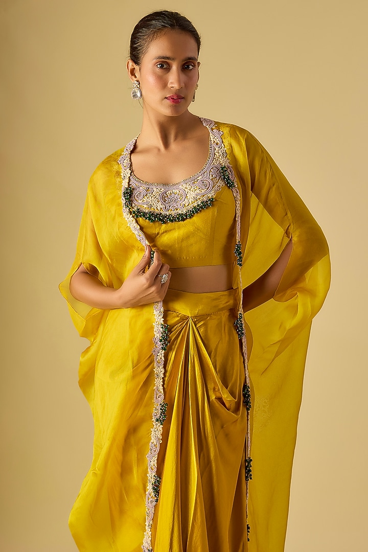 Mustard Organza Maal & Dori Work Cape Set by Prisho at Pernia's Pop Up Shop