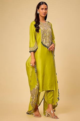 Lime Green Silk Maal Work Kurta Set by Prisho