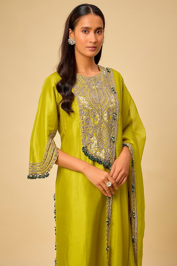 Lime Green Silk Maal Work Kurta Set by Prisho at Pernia's Pop Up Shop