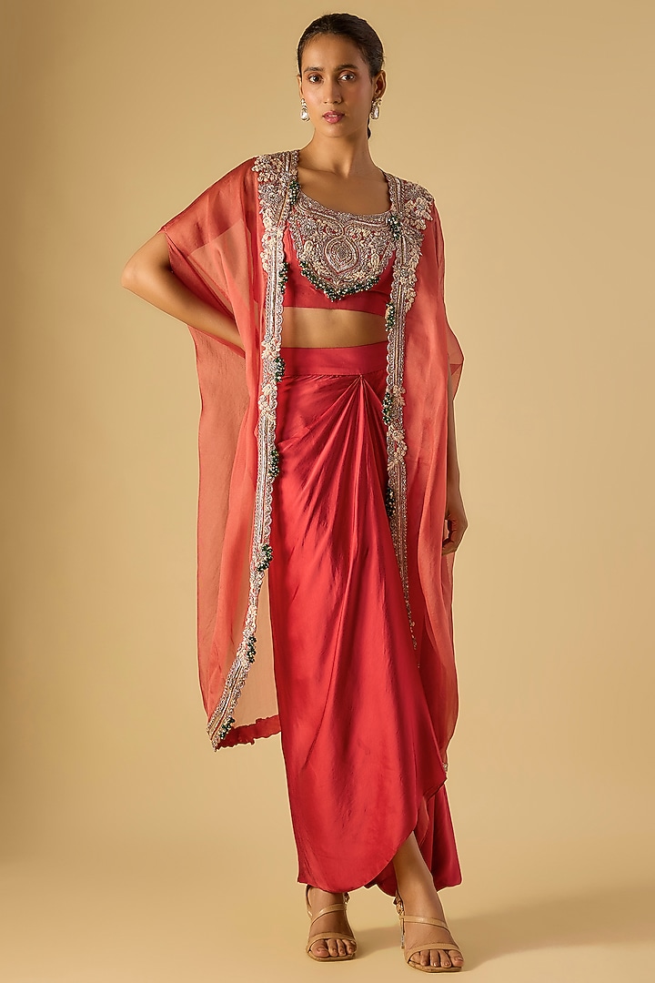 Deep Orange Organza Maal Work Cape Set by Prisho at Pernia's Pop Up Shop