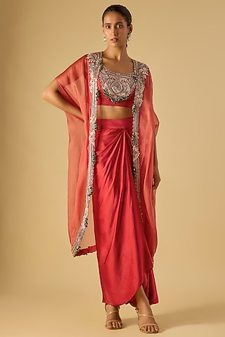 Deep Orange Organza Maal Work Cape Set by Prisho