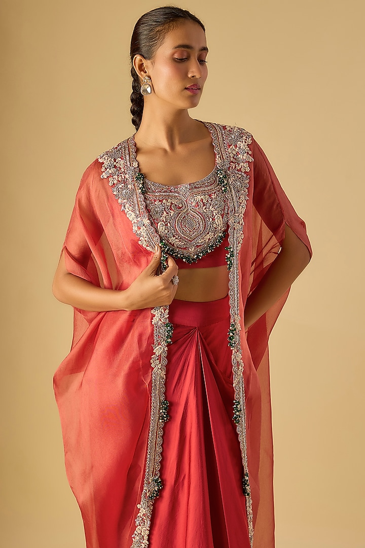 Deep Orange Organza Maal Work Cape Set by Prisho at Pernia's Pop Up Shop