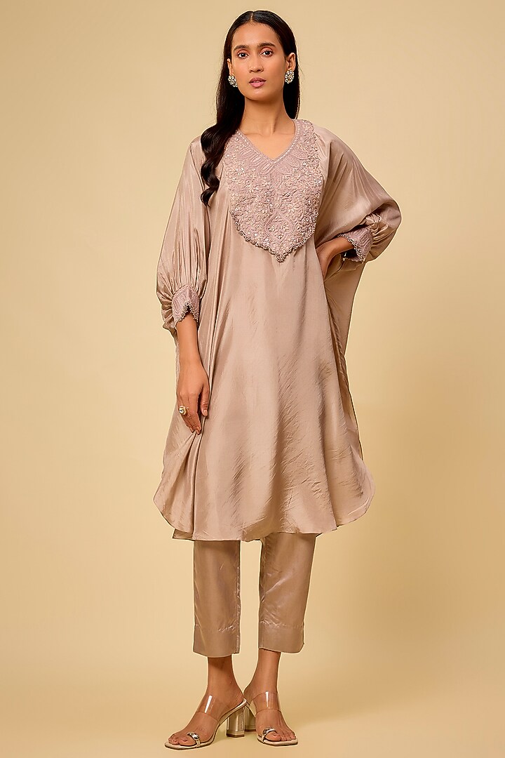 Champagne Habutai Resham Work Kaftan Set by Prisho at Pernia's Pop Up Shop