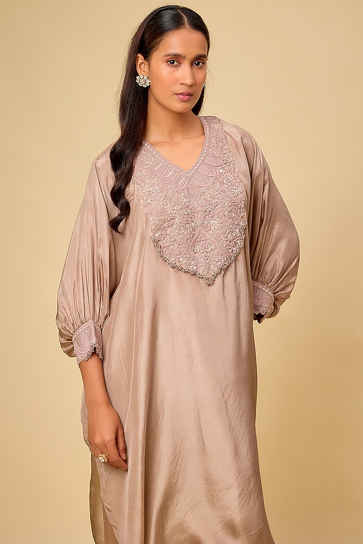 Champagne Habutai Resham Work Kaftan Set by Prisho at Pernia's Pop Up Shop