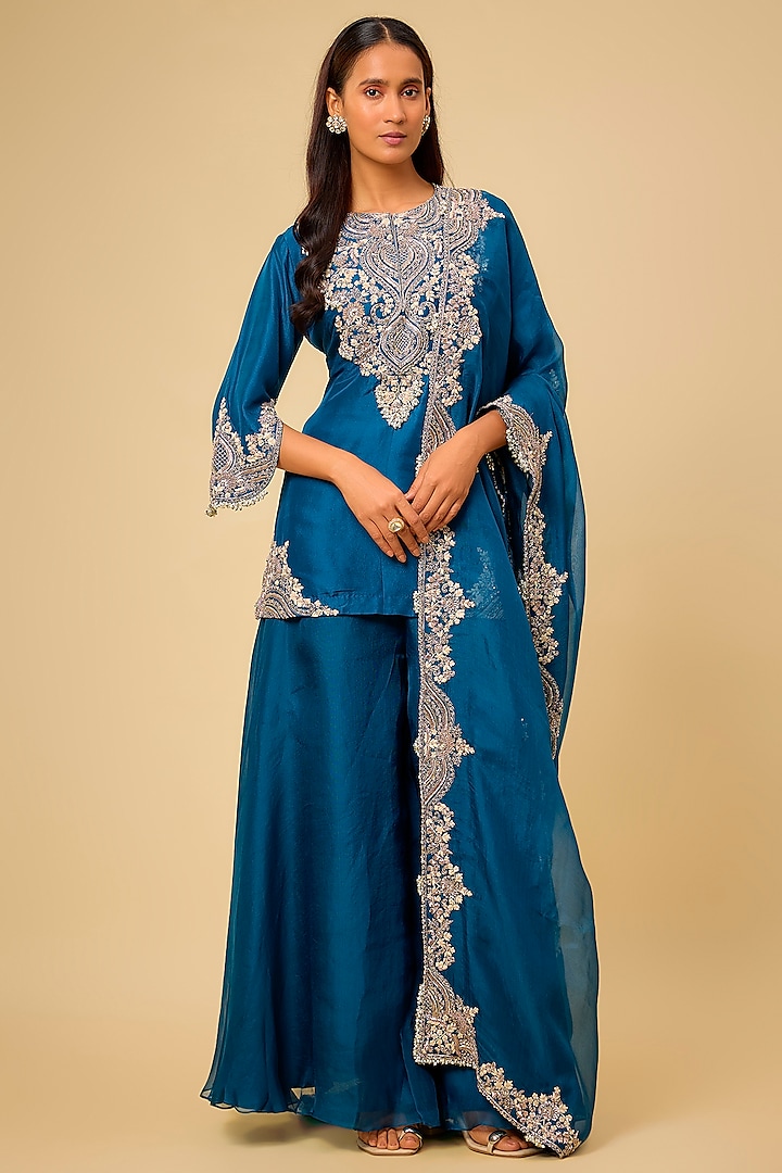 Blue Organza Wedding Sharara Set by Prisho at Pernia's Pop Up Shop