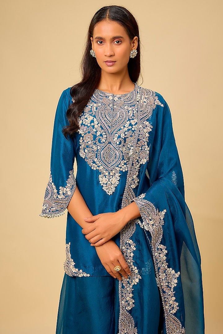 Blue Organza Wedding Sharara Set by Prisho at Pernia's Pop Up Shop