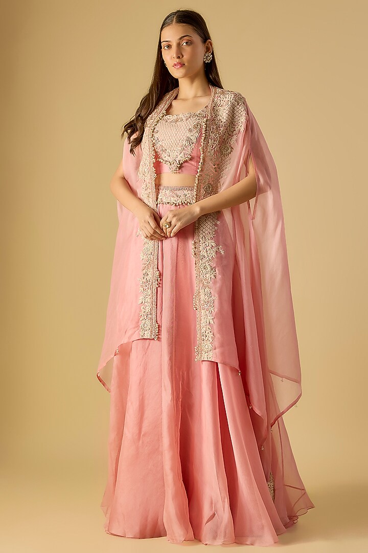 Flamingo Pink Organza Resham Work Cape Set by Prisho at Pernia's Pop Up Shop